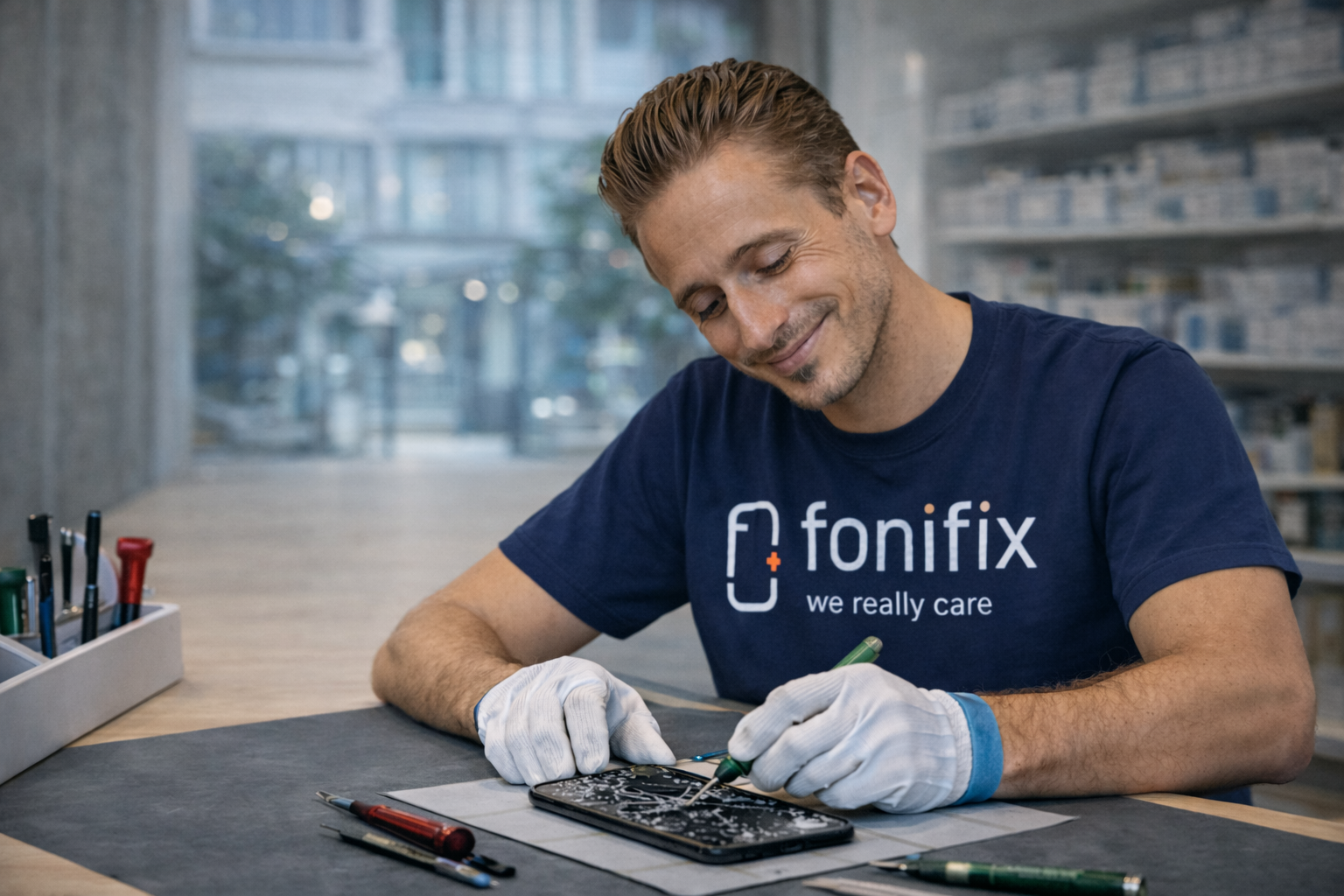 Fonifix technieker herstelt een smartphone scherm